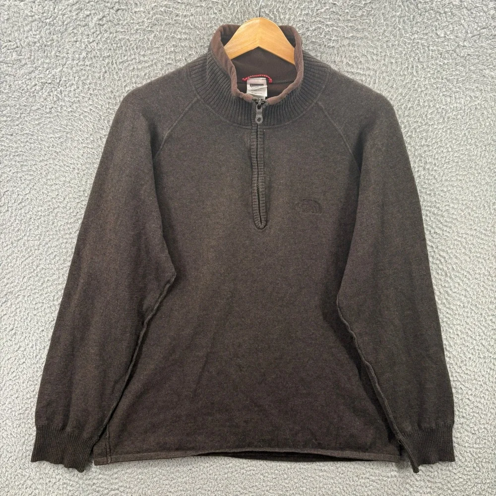 The North Face Sweater Mens Large Brown Quarter Zip Pullover Cotton Wool Blend